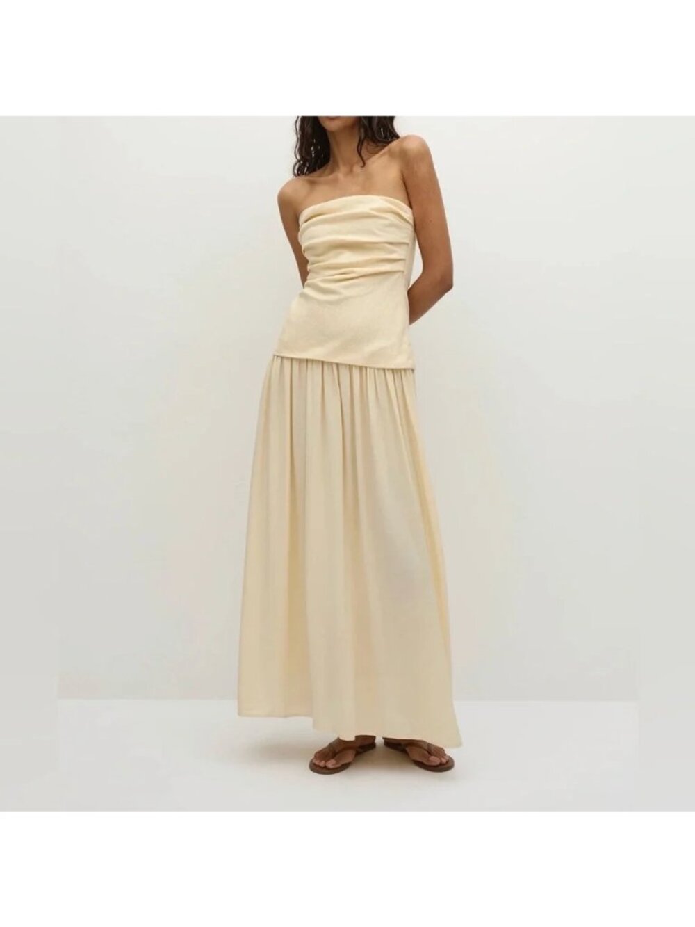NEW Faithful Womens Small Butter Yellow Hedy Linen Strapless Maxi Dress